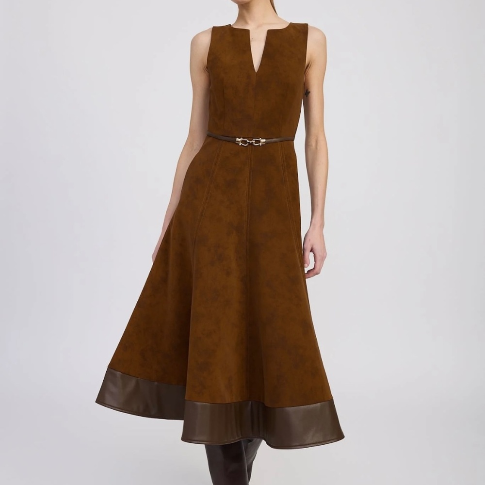 En Saison Eloise Brown faux suede and leather dress